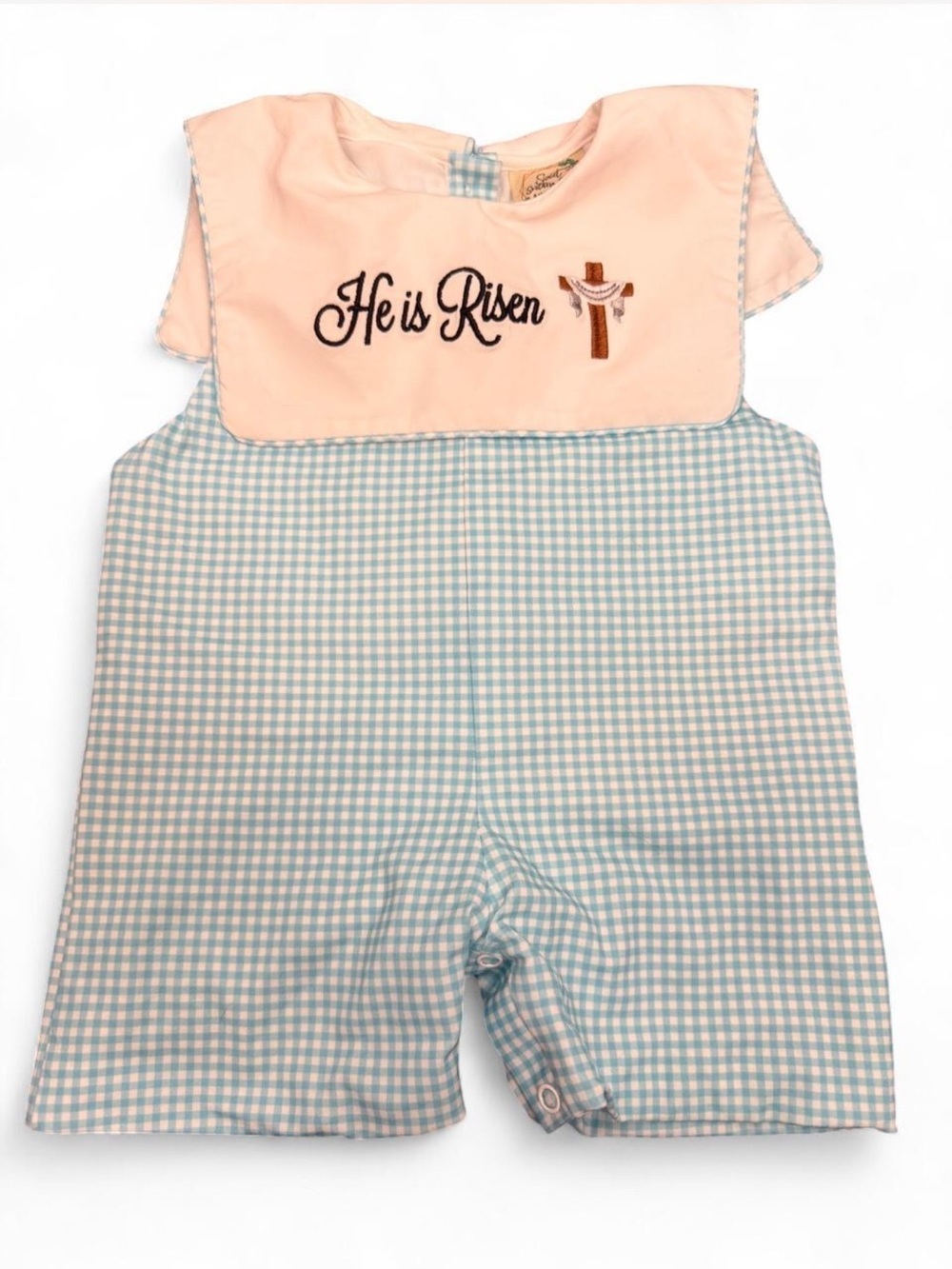 New sweet southern smocks gingham “He is Risen” blue white romper size 6months
